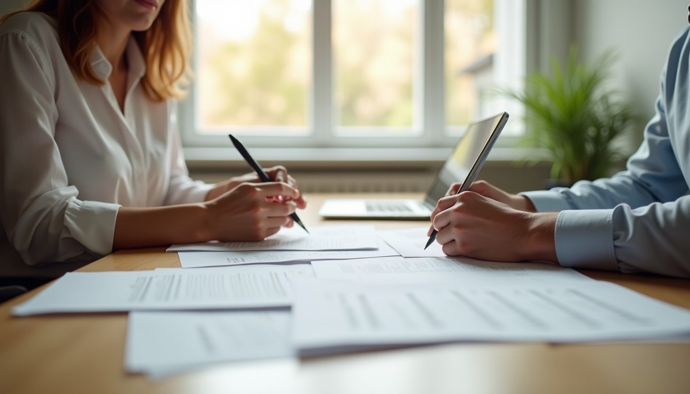 Bureau de conseil : documents de financement hypothécaire, stylo et calculatrice, ambiance sobre — aucune personne visible