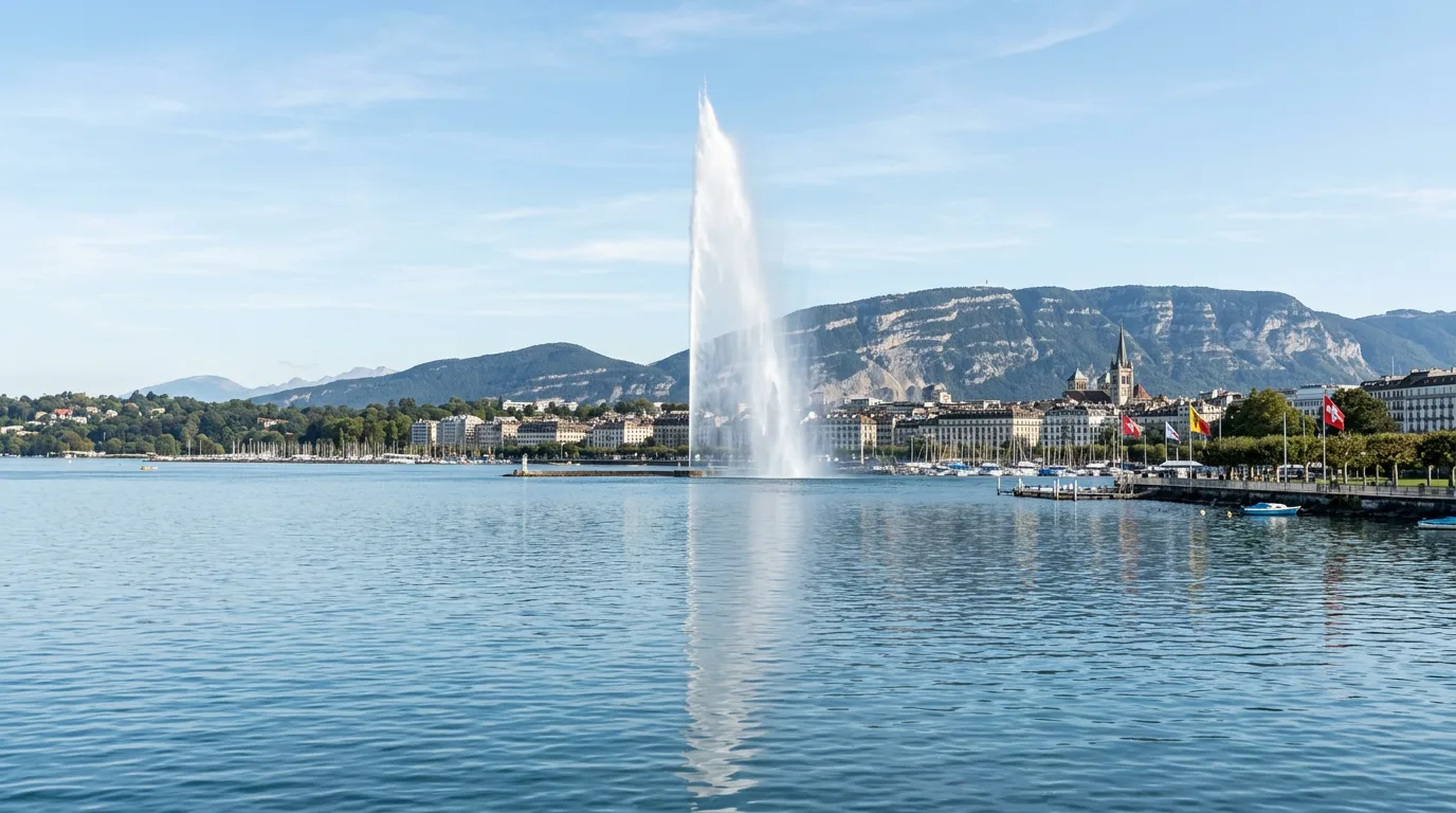 Lago Lemano e Jet d'eau visti da Ginevra