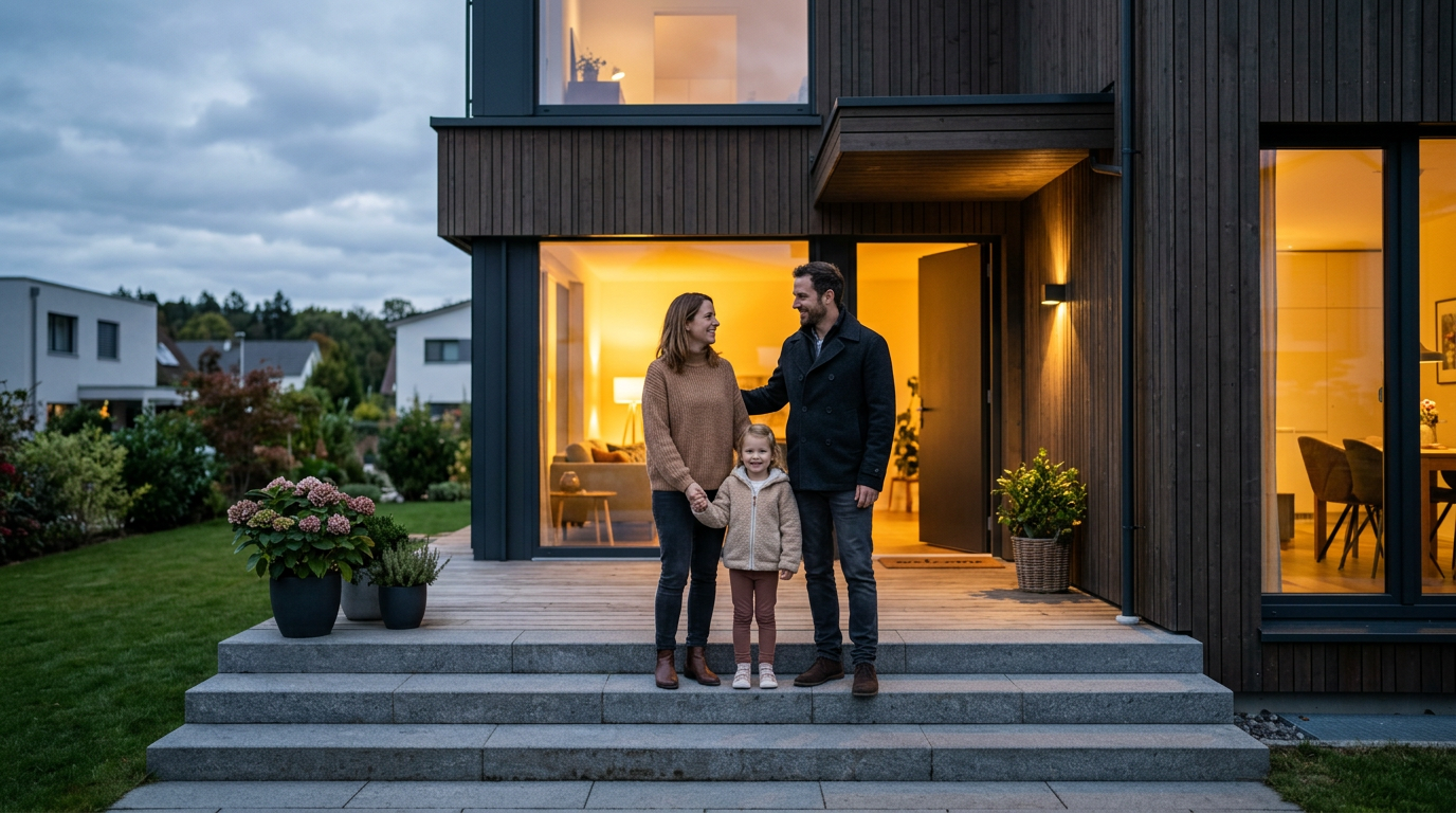 Famille protégée devant sa maison — prévoyance propriétaires