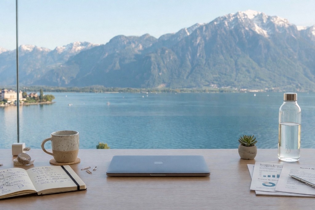Bureau professionnel avec vue lac et Alpes — ambiance sobre et lumineuse